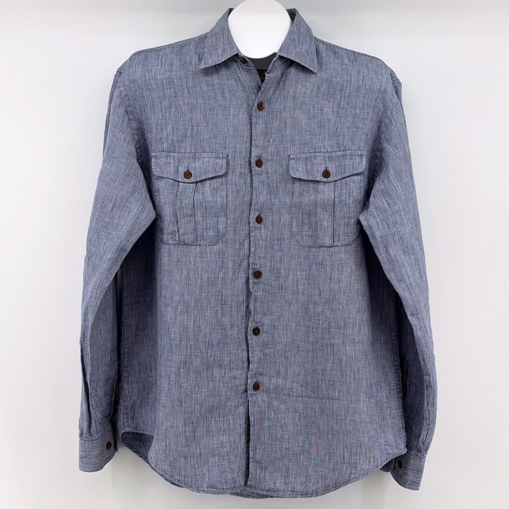Jos. A. Bank Linen Button Down Shirt Mens M Roll Tab Sleeve Casual Check
